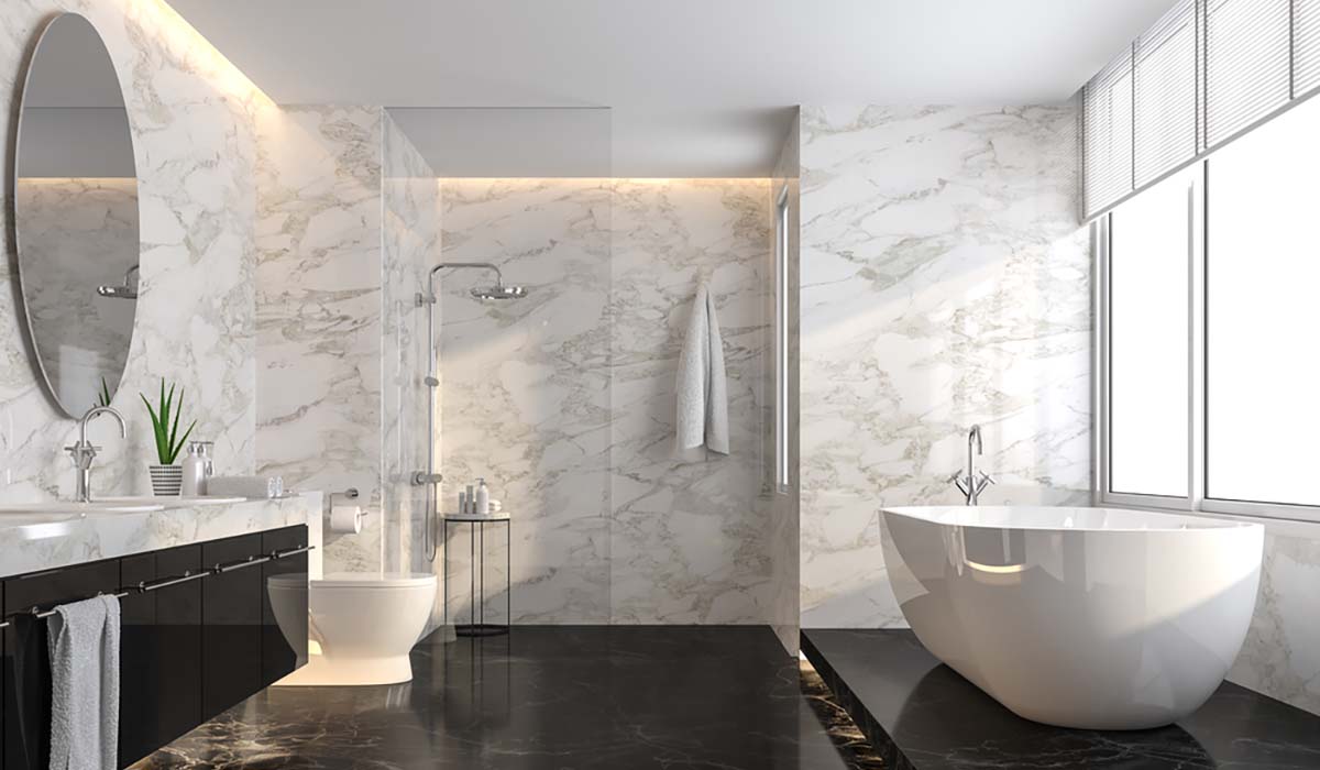 Luxury bathroom with black marble floor and white marble wall 3d render,The room has a clear glass shower partition,There are large windows natural light shining into the room.