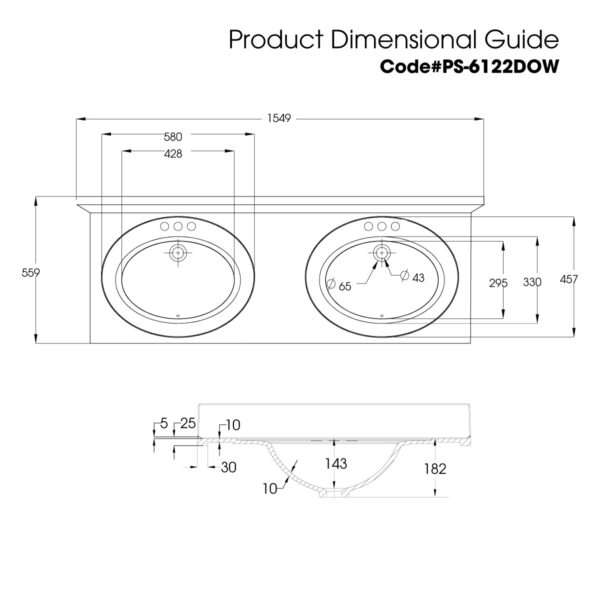 Cultured Marble Integrated Vanity top Double Bowl, 61''x22'' Pure White - Image 2