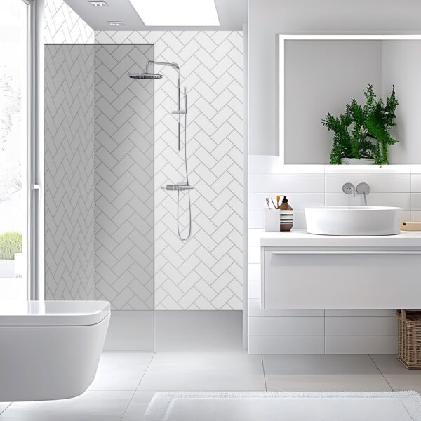 Cultured Marble Ziczac Shower Wall Panel, Pure White