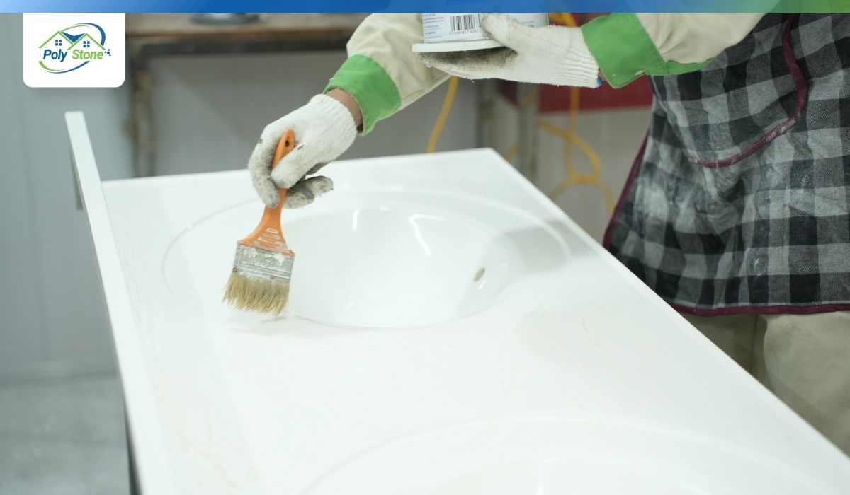 Monolithic casting vanity top with seamless integrated sink and glossy gel-coat surface
